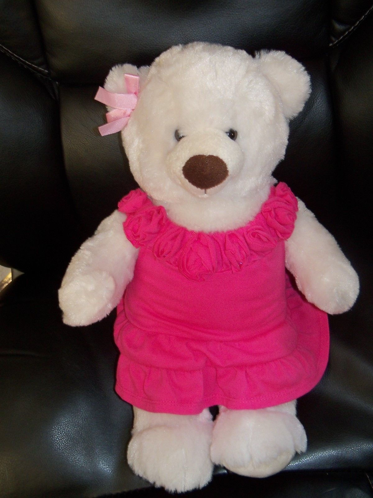 Primary image for Build A Bear White Teddy Bear W/Plain Pink Flower Dress EUC