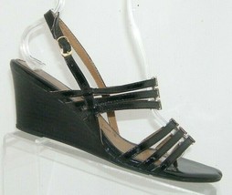 Sofft black patent leather strappy buckle slingback low wedge sandal heel 10M - $32.37
