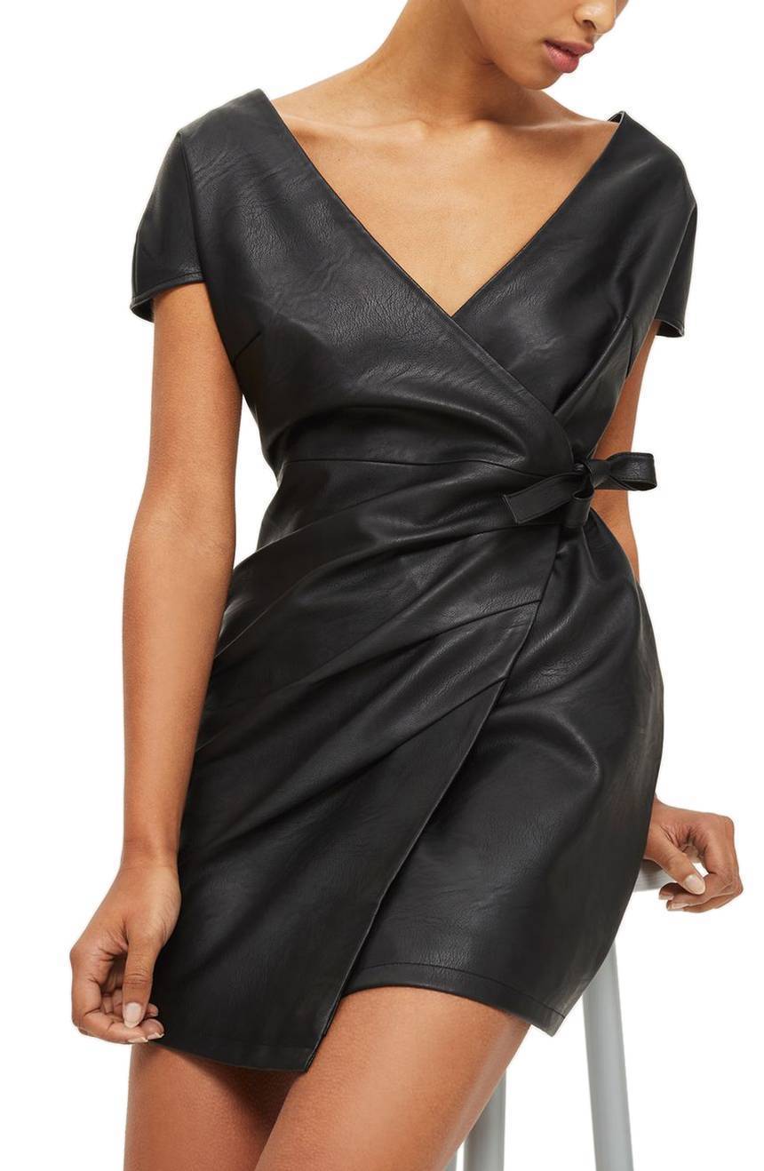 Image of Real Leather Wrap Dress Dress Cocktail Party Women Leather Dress