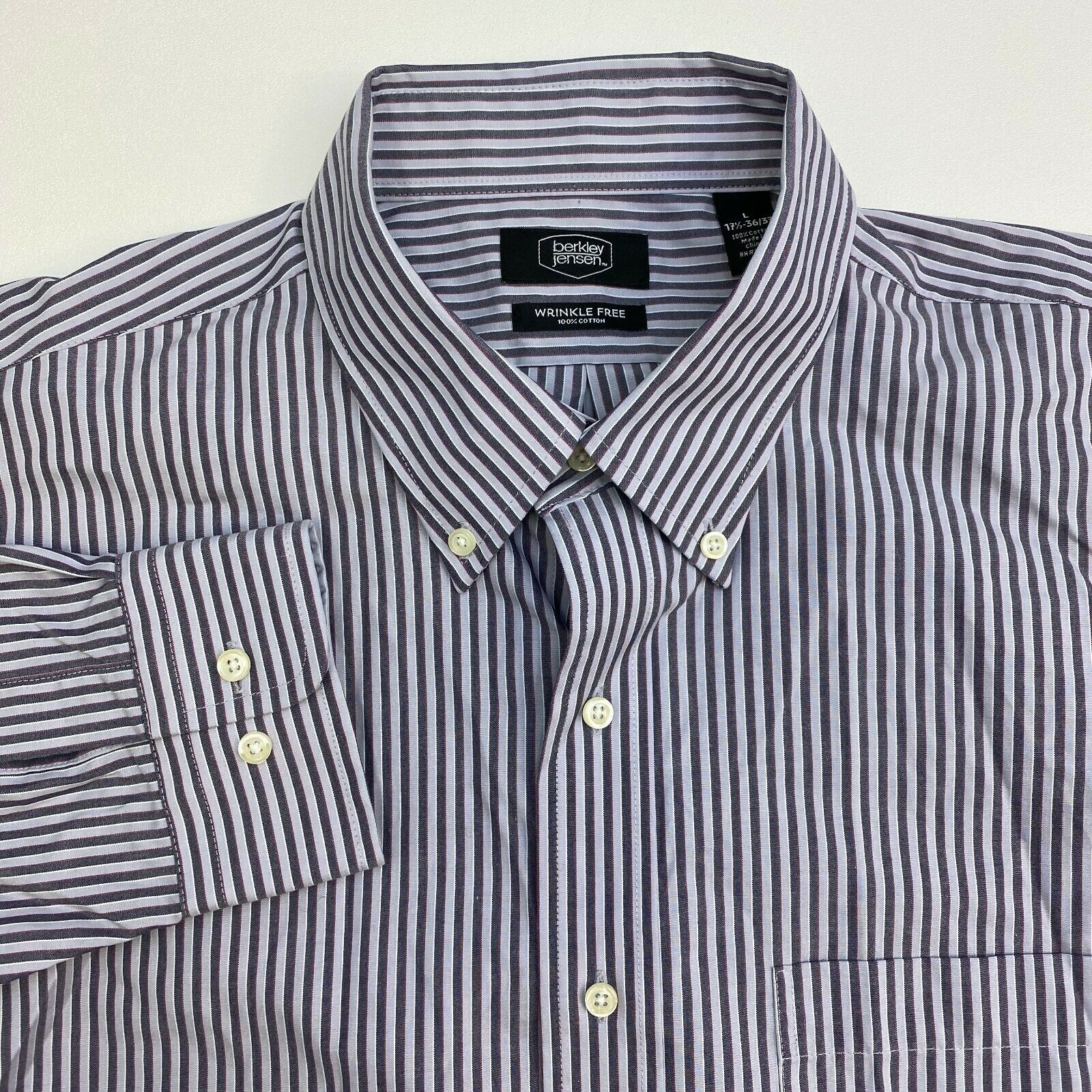 Berkley Jensen Button Up Shirt Mens Large Wrinkle Free Gray Stripe Long ...