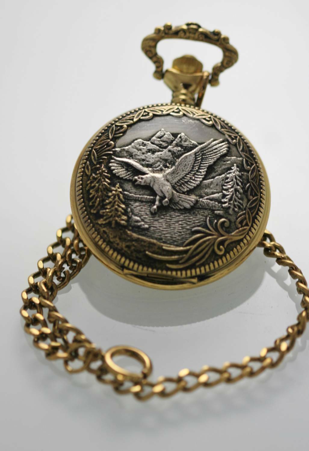 Majestron Pocket Watch Men's Eagle Stainless Antiqued Gold Silver