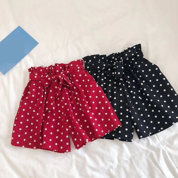 New red polka dot elastic high waist bow tie women shorts with belt