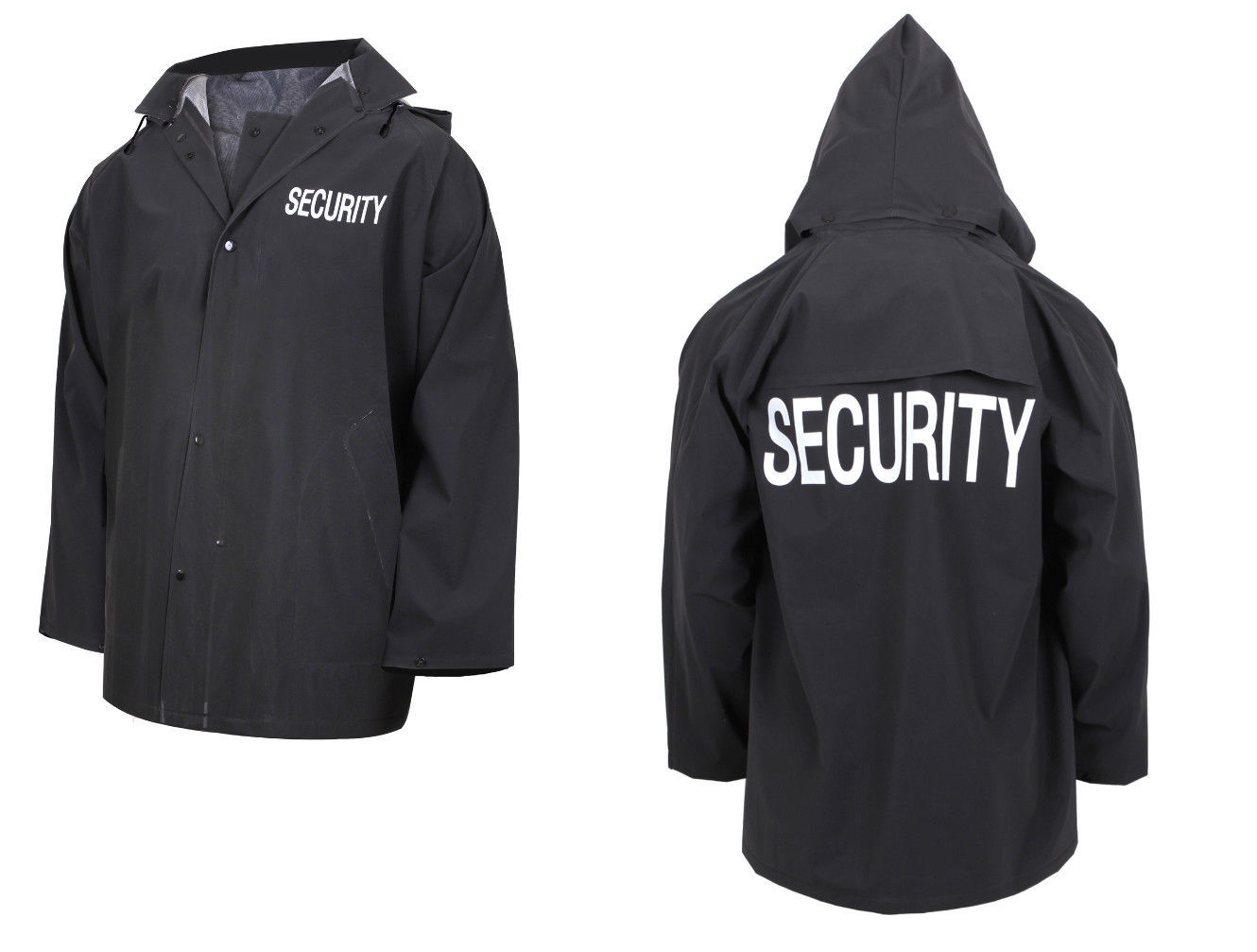 Image of Store Mall Security Guard Officer Police Black Rain Coat Jacket w Removable Hood
