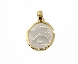 18K Yellow White Gold Pendant Oval Medal Guardian Angel Engravable Made In Italy - $391.60