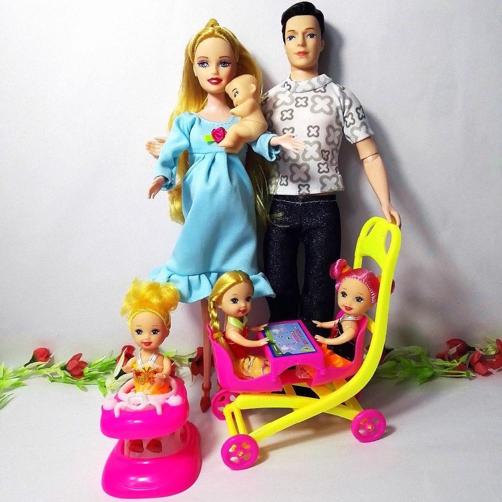 8 pcs Pregnant Barbie Doll Happy Family Toys Family Baby Carriage Mom ...