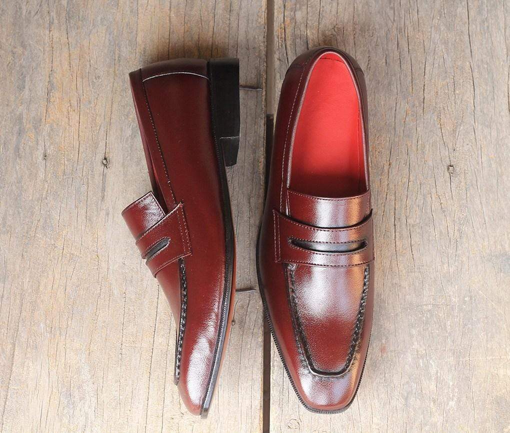 Handmade Men's Burgundy Leather Penny Loafer Shoes, Men Dress Fashion Shoes