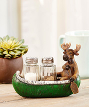 Salt & Pepper Set Moose in Canoe w Paddle Design Glass Shakers Resin Country