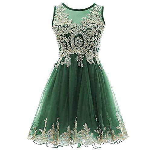 Gold Lace Beaded Short Bateau Prom Dress Homecoming Cocktail Gowns Emerald Green