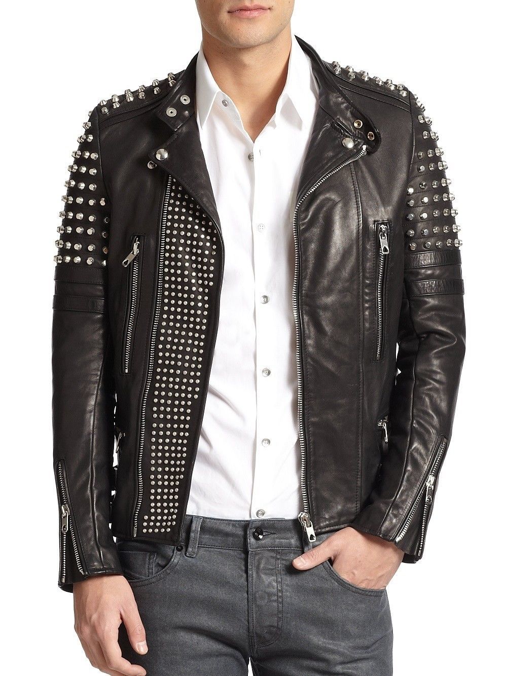Handmade Men's Studded Leather Jacket Silver Studded Biker Front Sleeves Zipper