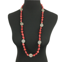 PREMIER DESIGNS Salsa dyed red stone beaded necklace - antiqued silver disks 36" - $22.00