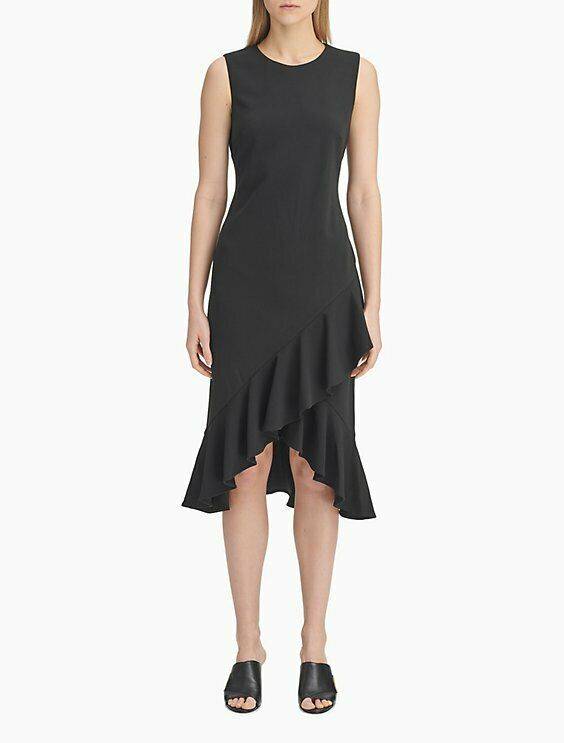 Calvin Klein Women's Sleeveless Midi Sheath with Ruffle Hem Dress Black