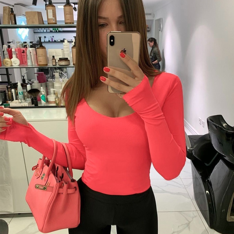 New coral pink neon sexy long sleeve body blouse women bodysuit spring summer