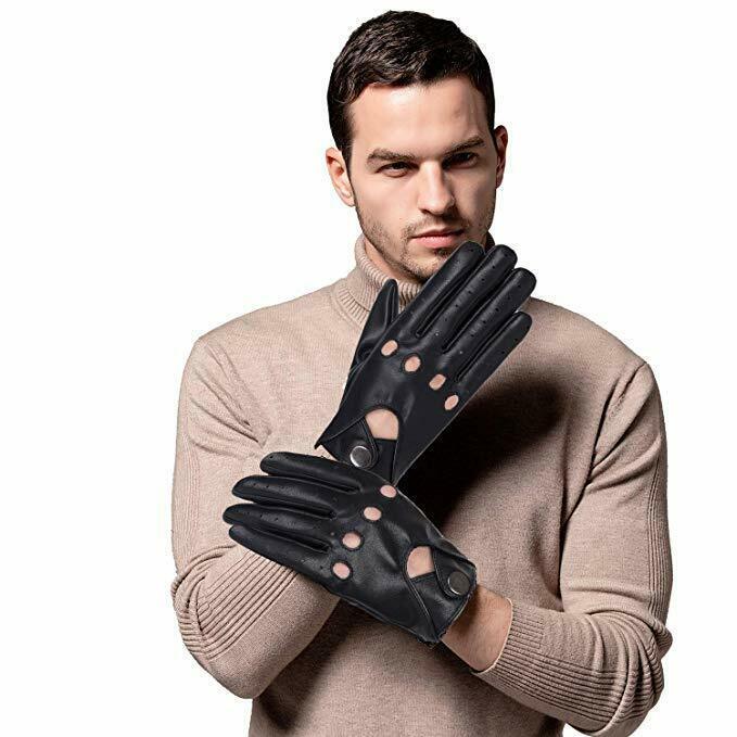 Driving Gloves Men Warm Daily Black Leather Gloves Breathable holes - M ...