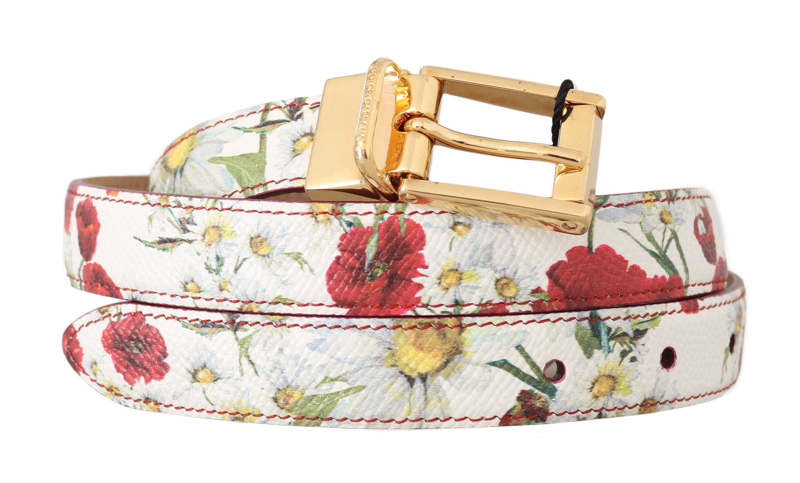 White Floral Pattern Leather Gold Buckle Belt - Fashion