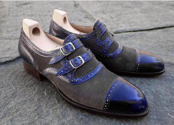 Gray Blue Genuine Leather Cap Toe Double Buckle Straps Monk Men Party Wear Shoes