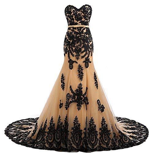 Kivary Long Mermaid Black Lace Vintage Gothic Prom Dress Wedding Evening Gown Ch