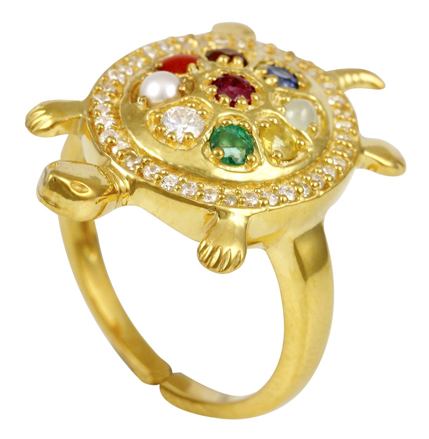 Tortoise Adjustable Ring Navaratna Stones & Diamond 14K Yellow Gold
