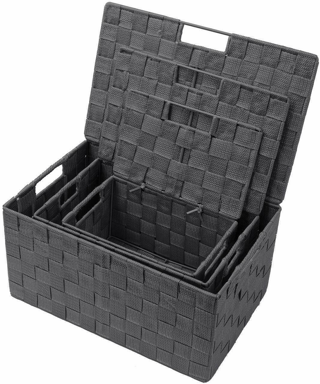 Nice Set of 3 Gray Woven Stackable Storage Bins Baskets Lids Handles