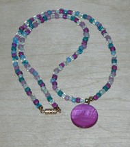 River Shell Coin Pendant Necklace Purple Pink Blue Beaded Necklace 19 in - $8.95