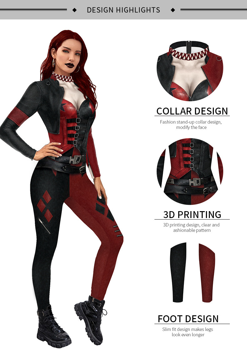 Women Halloween Costume Harley Quinn Long Bodycon Catsuit Jumpsuit For Festival