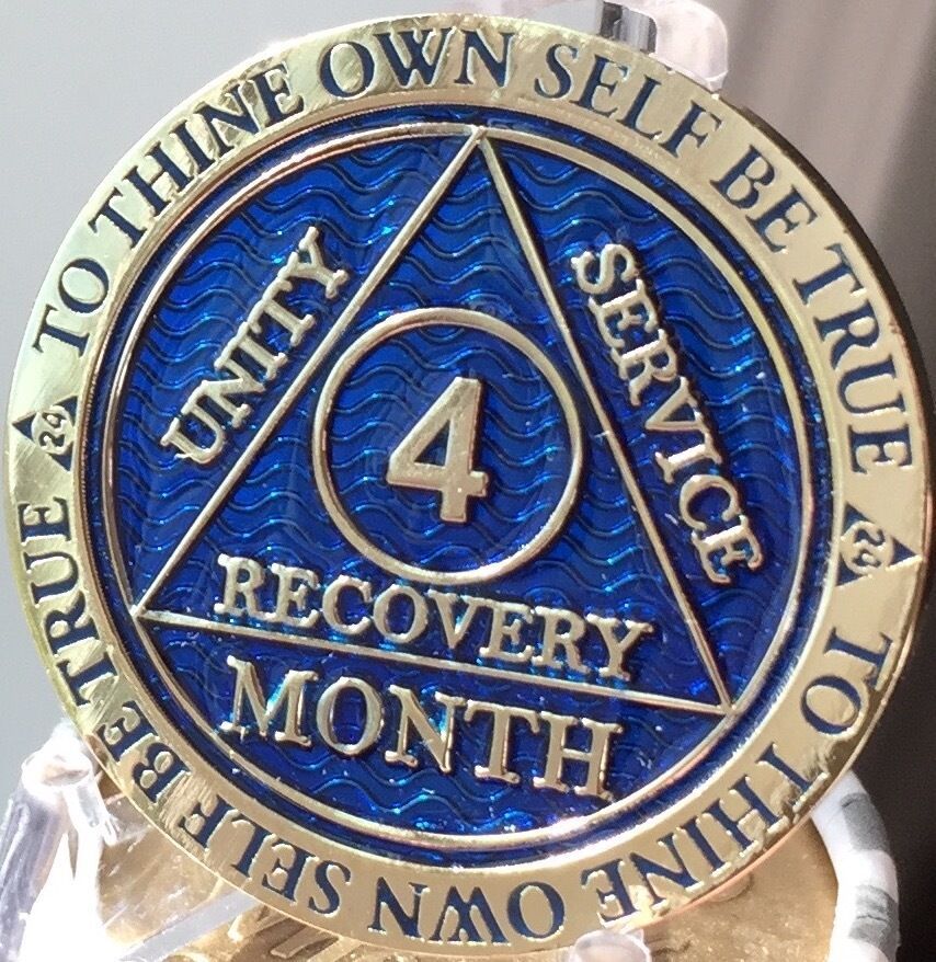 4 Month AA Medallion Reflex Blue Gold Plated Sobriety Chip Coin