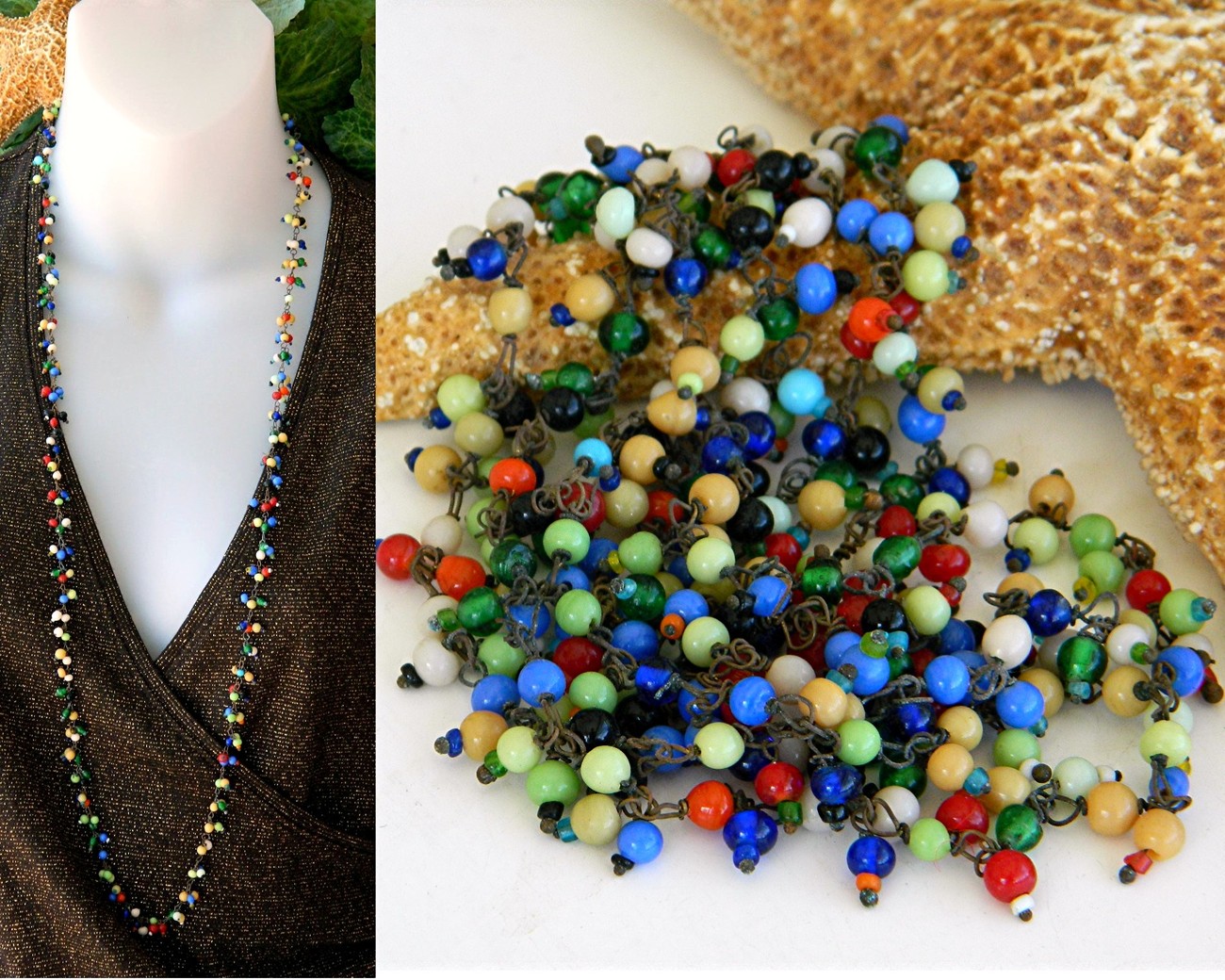 Vintage Glass Beads Tiny Wired Multicolor Necklace Flapper Long Strand