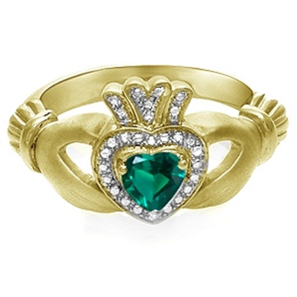 3/4 Ct Emerald and Diamond Accent Claddagh Ring In 14K Yellow Gold Fn