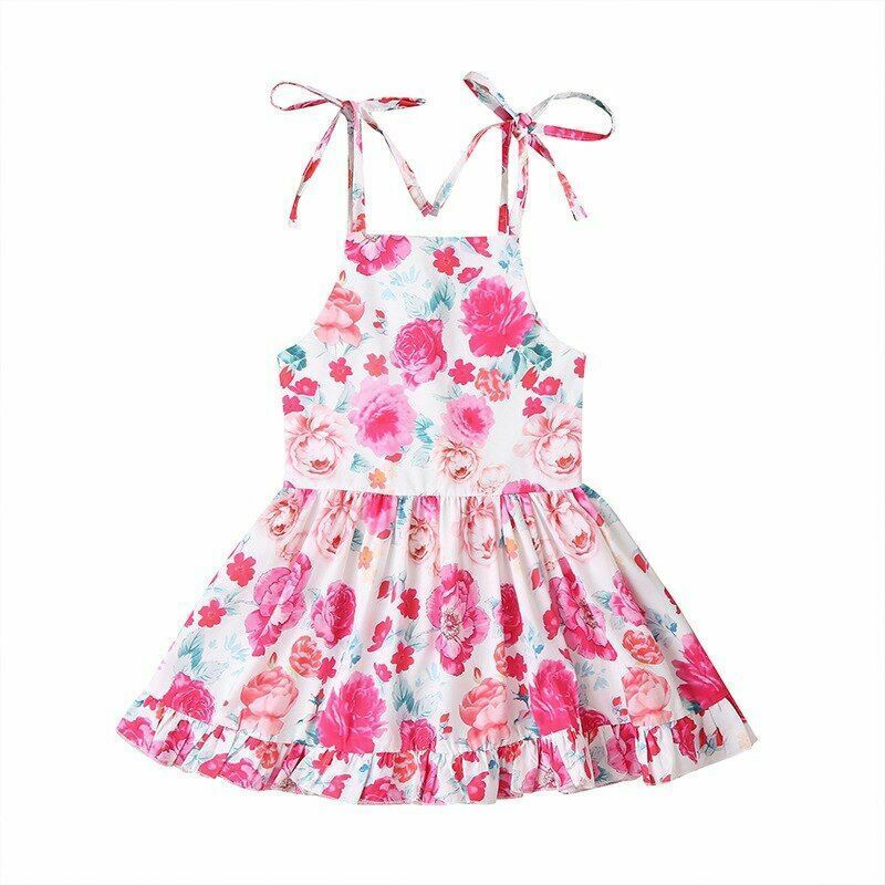 Spaghetti Strap Floral Pattern Summer Dress For Girls Ruffled Hem Cotton Fabric