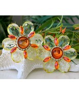 Vintage Lucite Flower Earrings Yellow Orange Plastic Rhinestone Large - $59.95