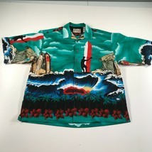Vintage Reservoir Hawaiian Shirt Mens Extra Large Teal Blue Waves Surfer... - £17.92 GBP