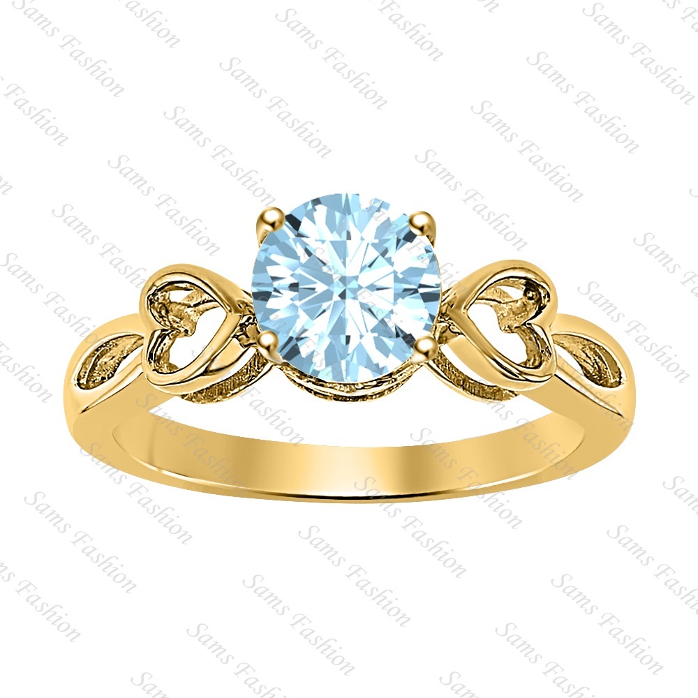 Round Aquamarine 14k Yellow Gold Over 925 Silver Double Heart Ring Women'