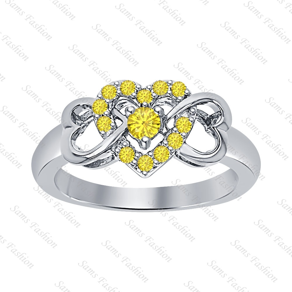Heart Ring 14k White Gold .925 Sterling Silver Round Cut Yellow Sapphire Womens