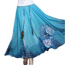 PANDA SUPERSTORE [Blue Peacock] Ethnic Chiffon Full Skirt Bust Skirt Maxi Long S