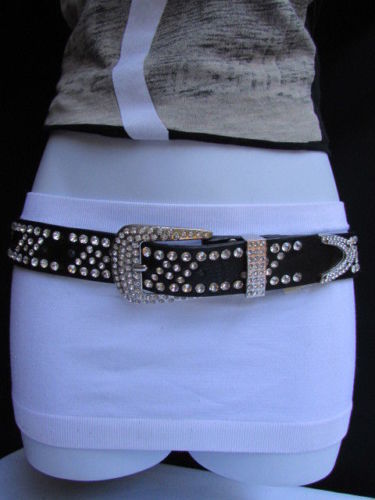 Women White Faux Leather Western Cross Belt Silver Beads Metal Buckle Size M