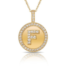 14K Solid Yellow Gold Round Circle Initial &quot;F&quot; Letter Charm Pendant Neck... - $35.14+