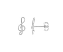 18K WHITE GOLD EARRINGS, TREBLE CLEF VIOLIN KEY SMALL 7mm 0.28", MADE IN ITALY image 1