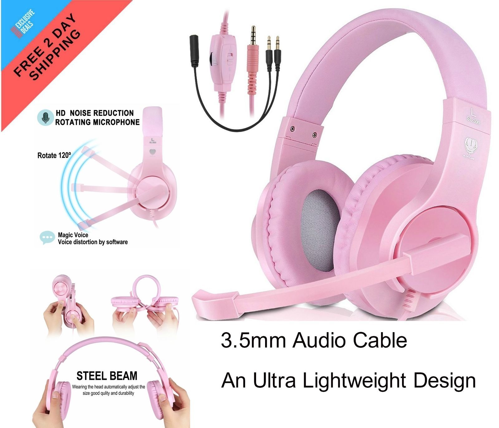 Wired Gaming Headset Pink Headphone for PS4 Xbox One PC Laptop PSP Mac