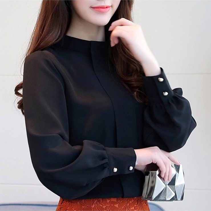 Black long buttoned sleeve elegant female blouse women shirt office top