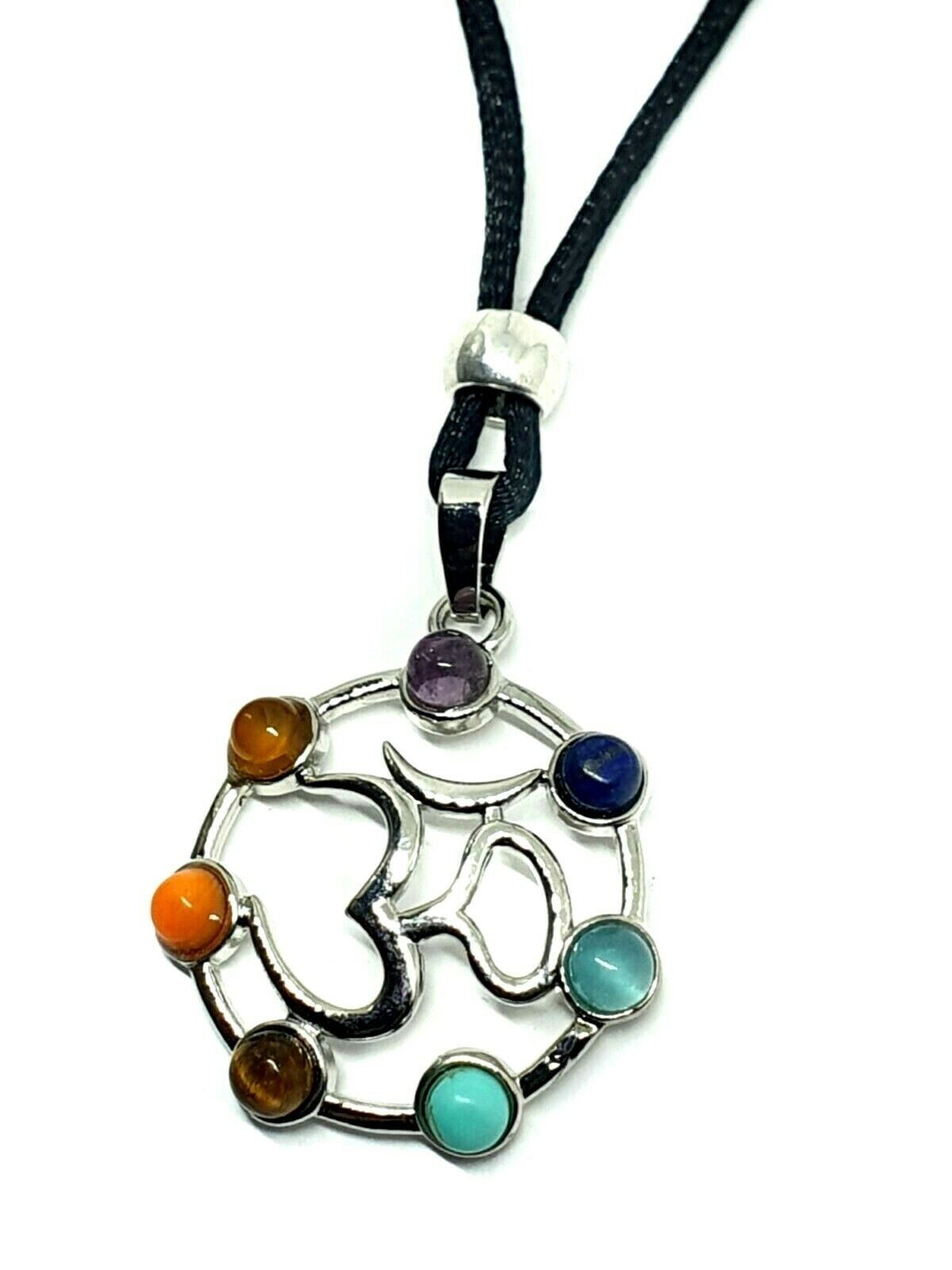Chakra 7 Chakra Gemstone OM Pendant 925 Silver Plated Beaded Cord ...