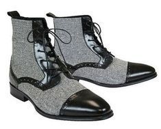 NEW Handmade Men Gray Tweed Black Leather boot, Mens Lace up Cap Toe Ankle High