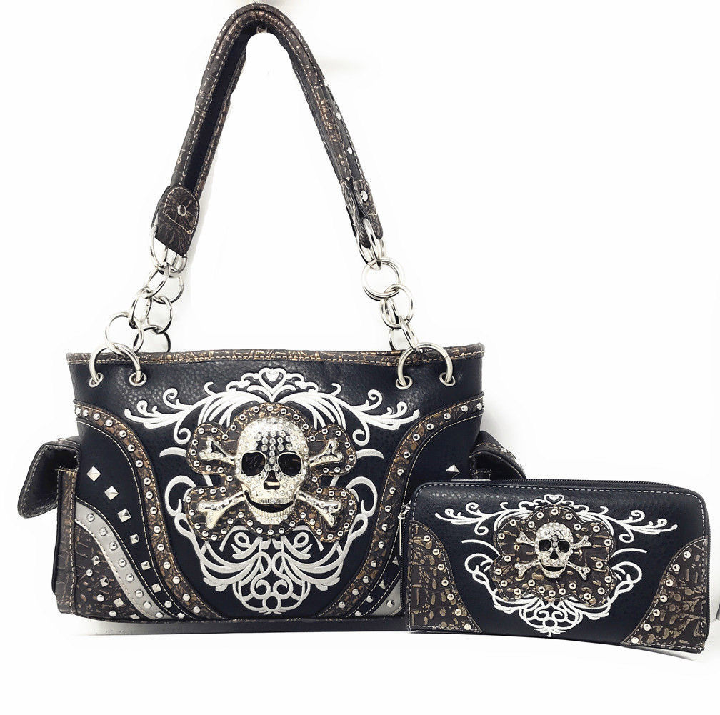 Western Rhinestone Embroidered Skull Leather Concealed Carry Handbag&Wallet