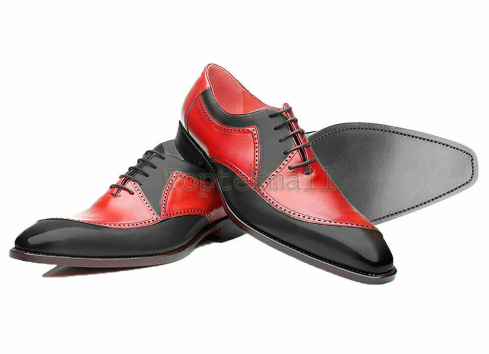 Handmade Men's Leather Oxfords Red Black Oxford classical Wing Tip Shoes-684