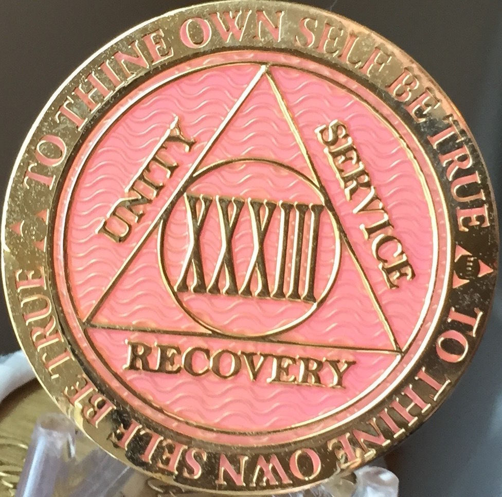 33 Year Aa Medallion Pink Gold Plated Alcoholics Anonymous Sobriety 