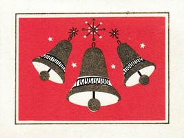 Vintage Christmas Card Gold Bells Red Background Gibson Mid Century - $7.91