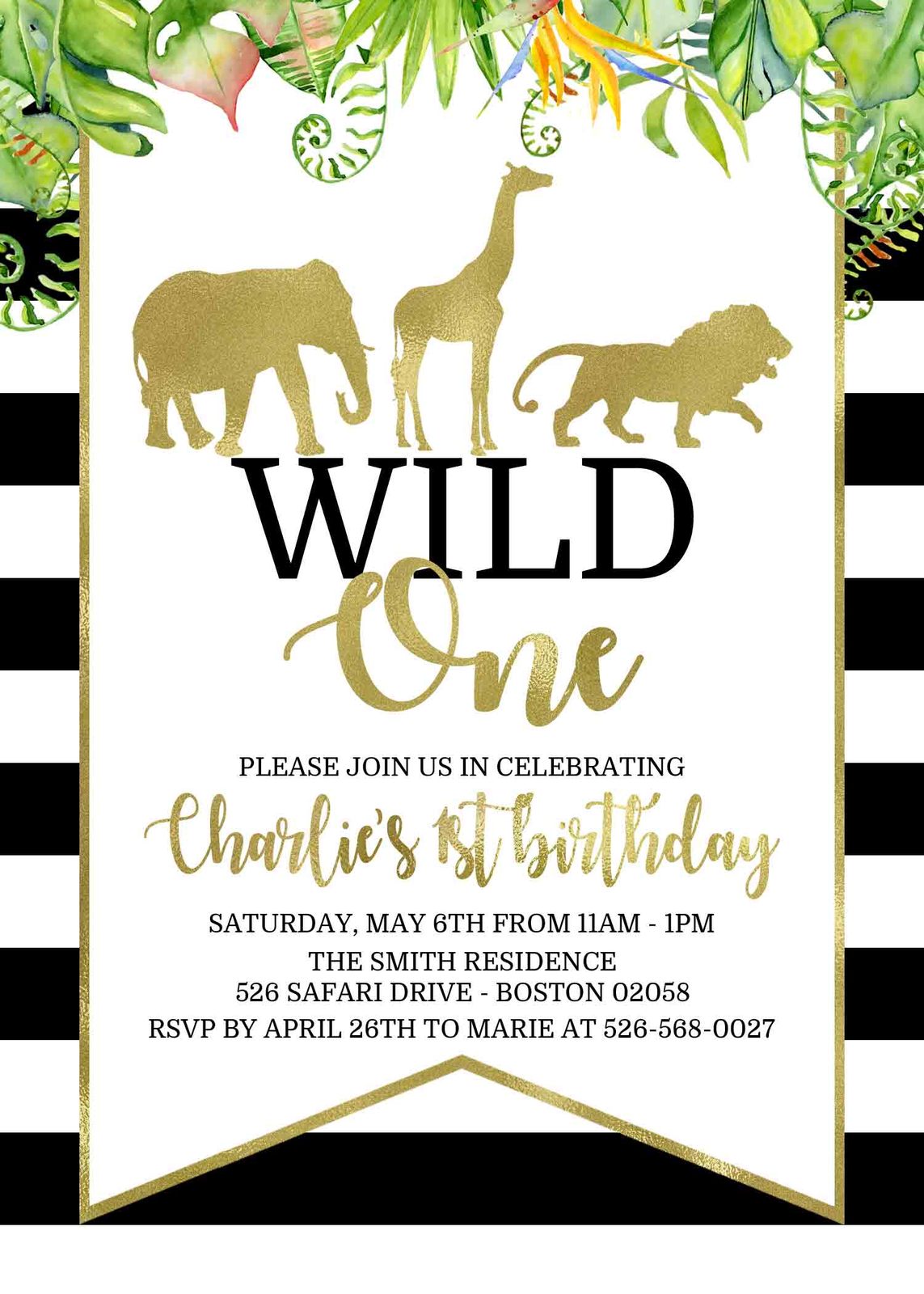 Safari Wild One Birthday invitation, 1st Birthday invitation, Gold ...