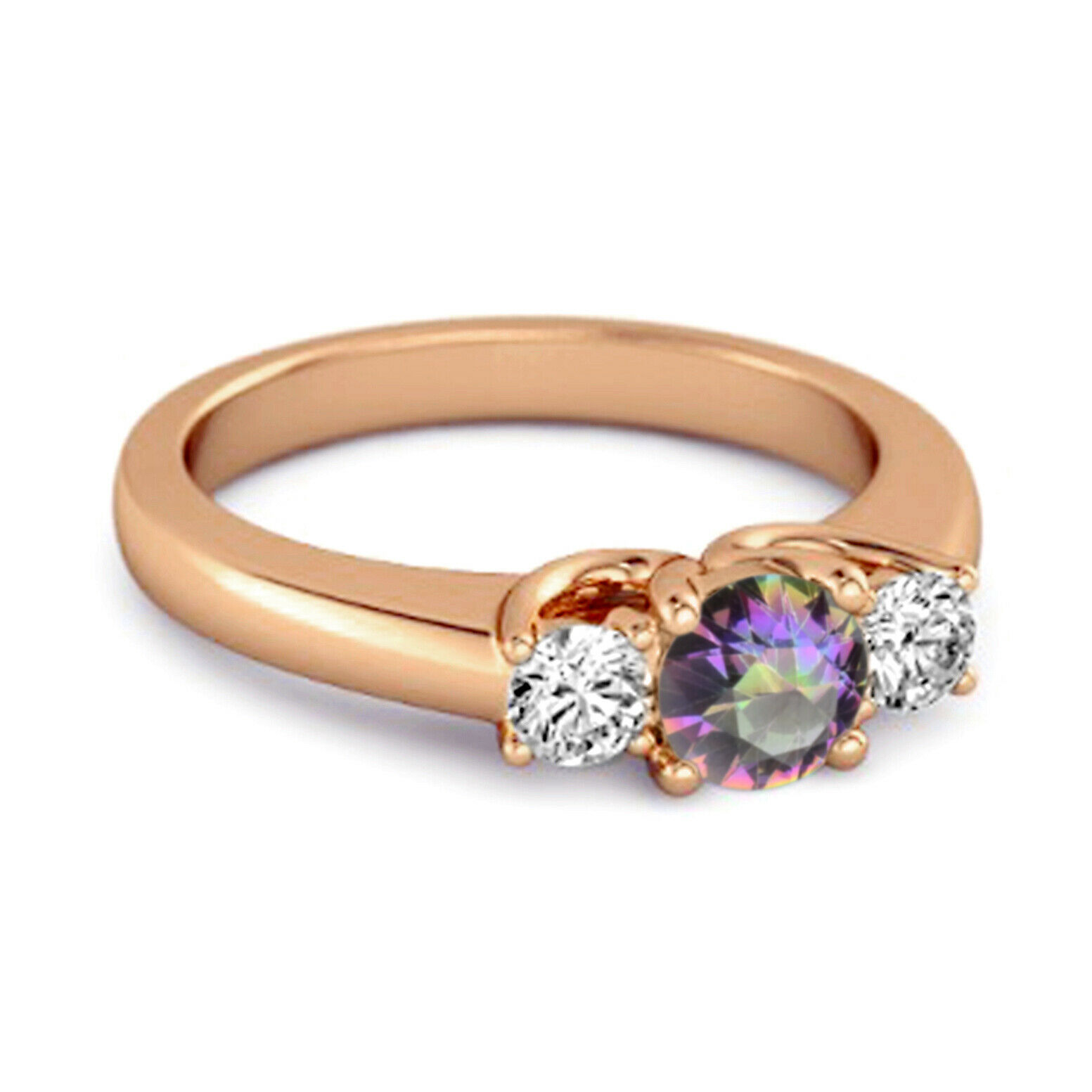 Three Stone 0.10 Ctw Mystic Topaz Gemstone 9K Rose Gold Engagement Ring