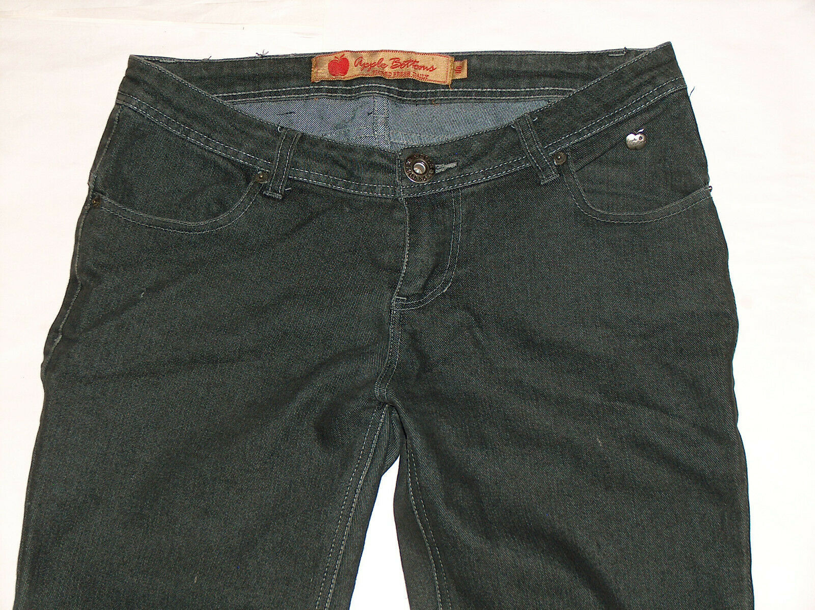 APPLE BOTTOM WOMENS SZ 7/8 STRAIGHT LEG DISTRESSED LOW RISE BLACK DENIM ...