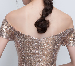 Women Gold Off Shoulder Short Sleeve Maxi Sequin Dress Plus Size Sequin Dresses image 5