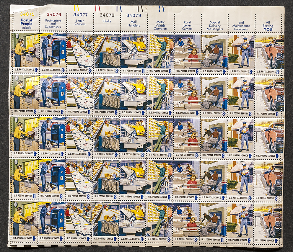 Postal People, Sheet of 8 cent stamps, 50 stamps total Sheets