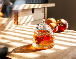 Beehive Honey Pot with Bee Handle Honey Dauber Set Glass Stainless Steel Brass image 8